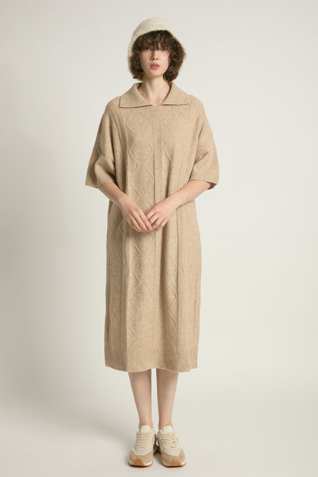 Cable Knit Collared Short Sleeves Dress