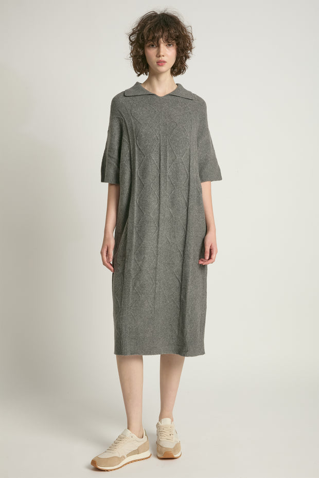 Cable Knit Collared Short Sleeves Dress