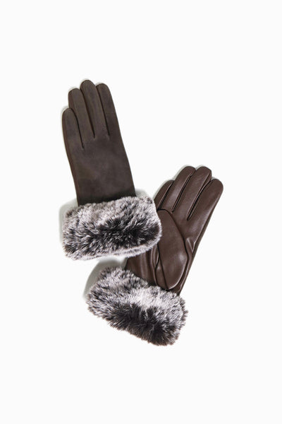 Suede & Leather Gloves with Fur Trim