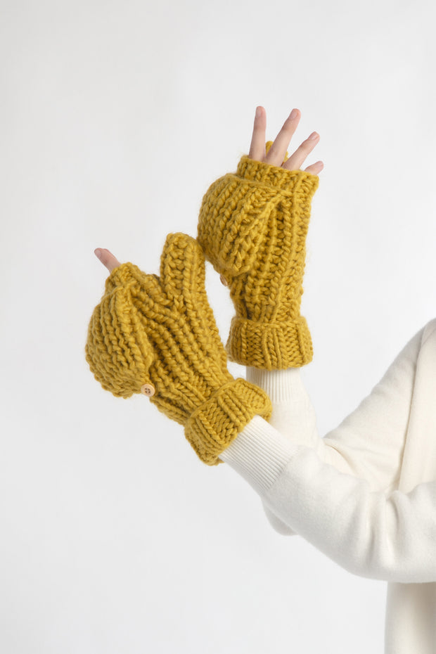 Hand-Knitted Flip Mitten Gloves - Avocado