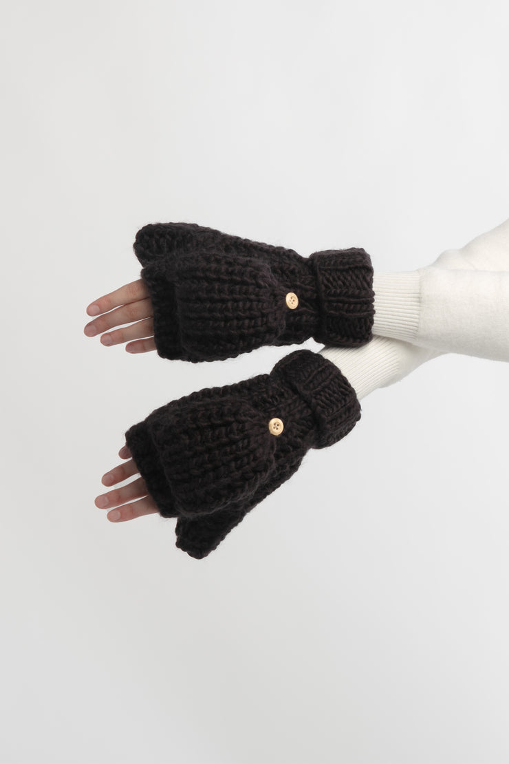 Hand-Knitted Flip Mitten Gloves - Black