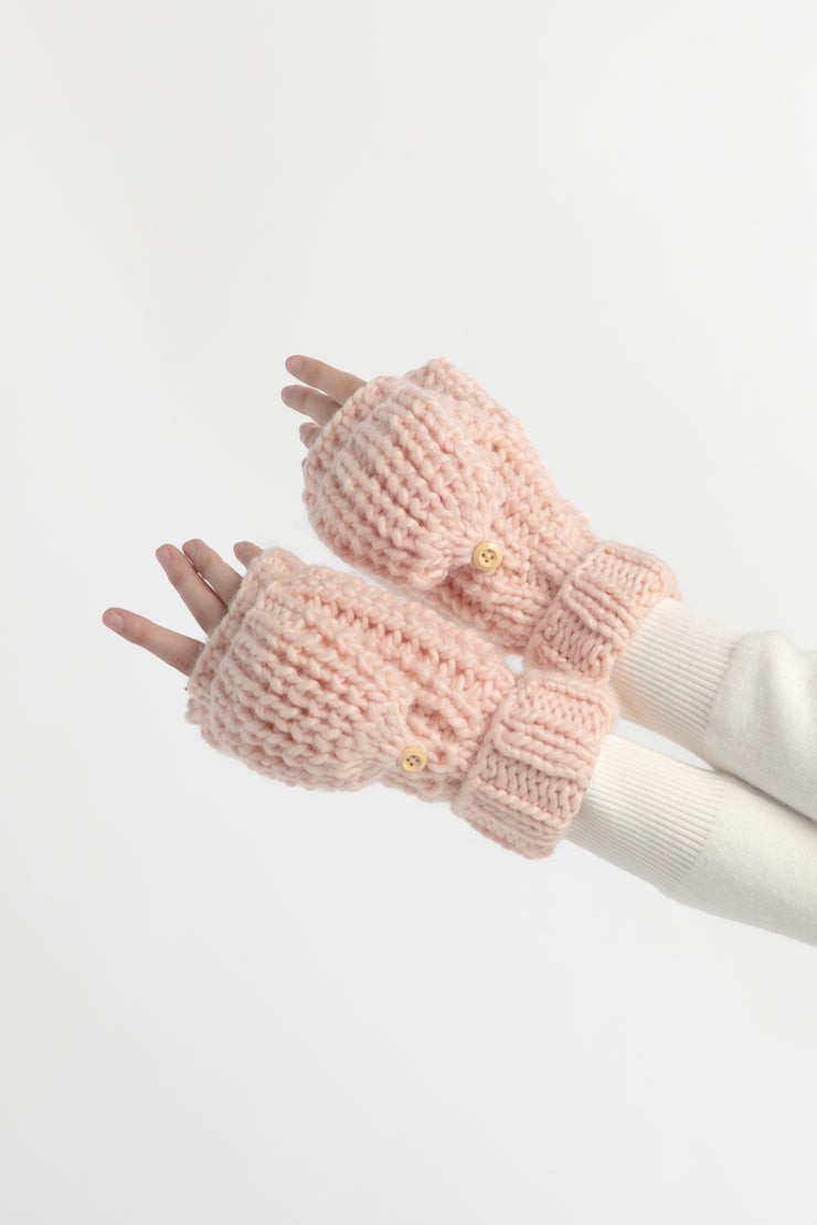 Hand-Knitted Flip Mitten Gloves - Blush