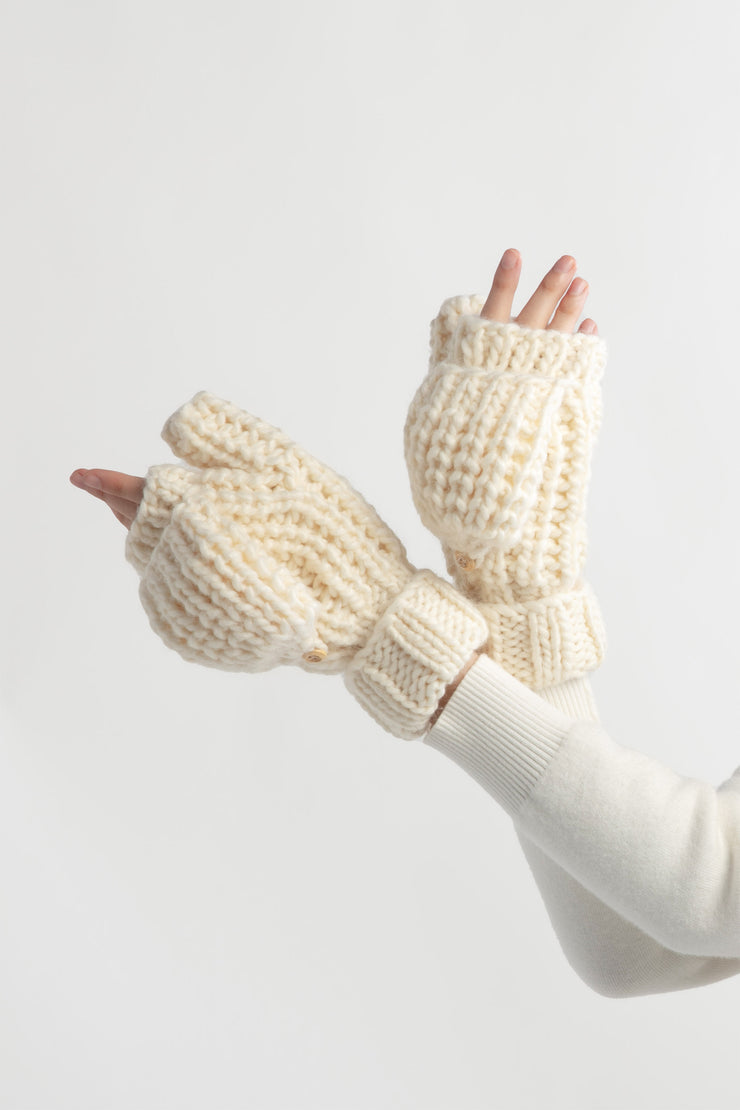 Hand-Knitted Flip Mitten Gloves - Ivory