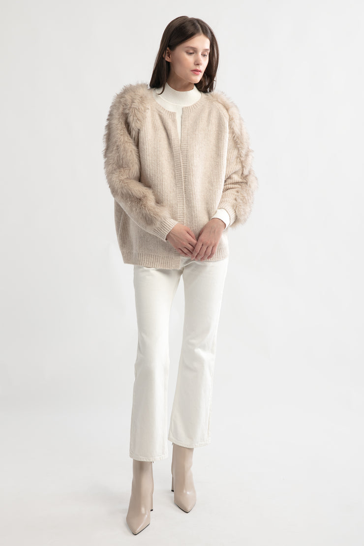 Fur Sleeves Waffle Cardigan