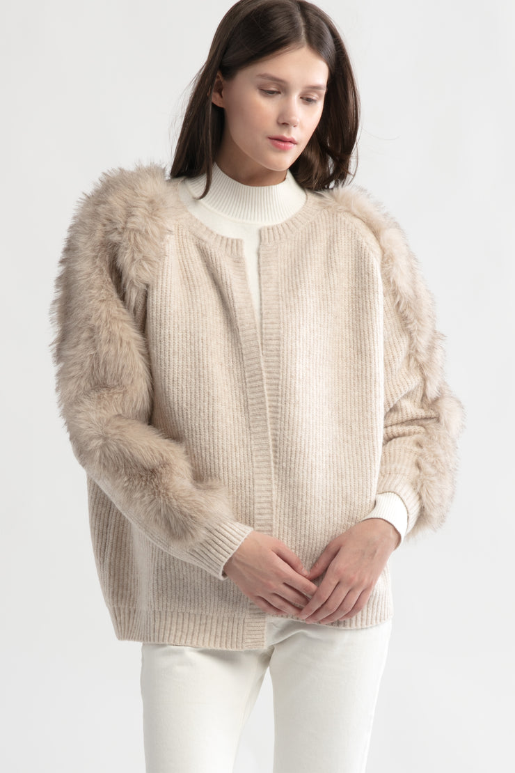 Fur Sleeves Waffle Cardigan