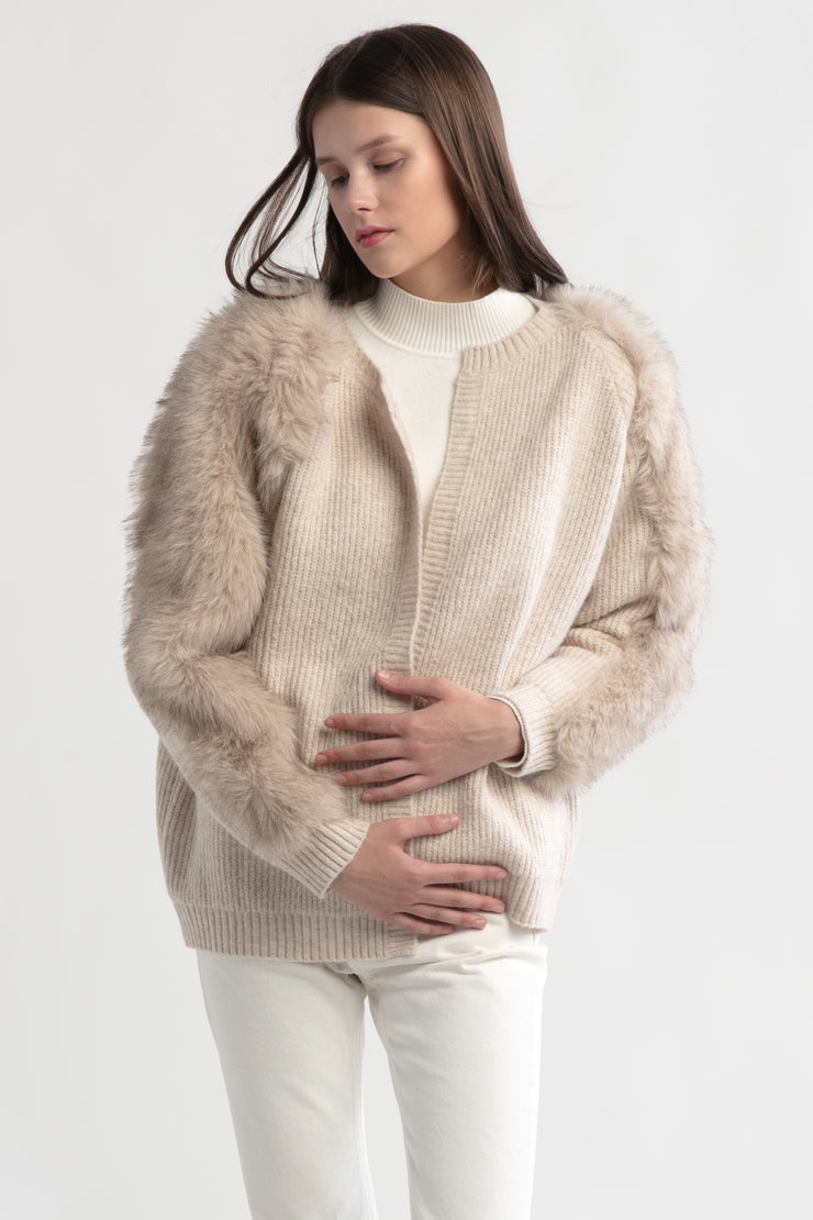 Fur Sleeves Waffle Cardigan