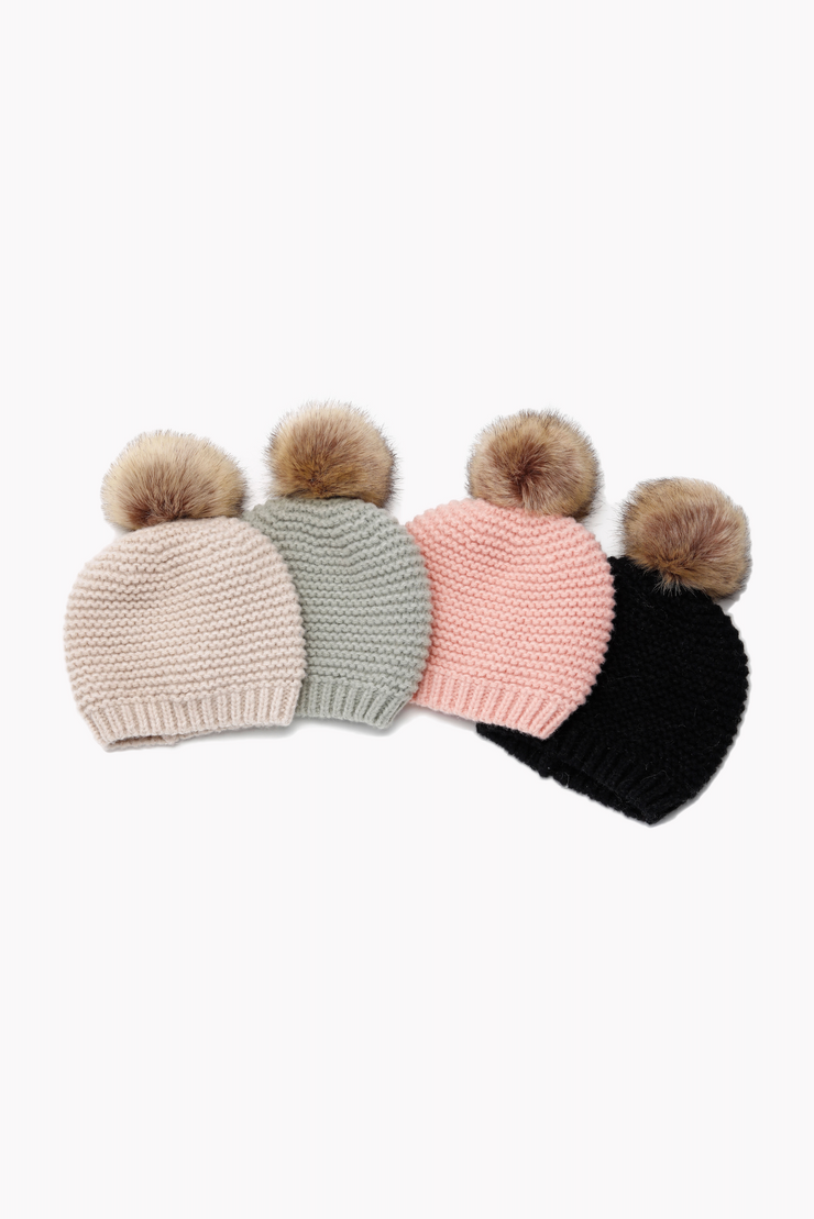 Waffle-Knitted Faux Fur Pom Pom Beanie