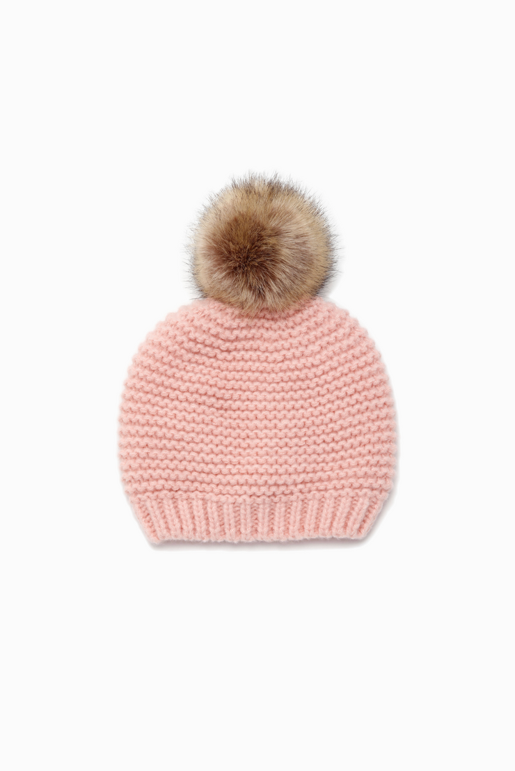 Waffle-Knitted Faux Fur Pom Pom Beanie