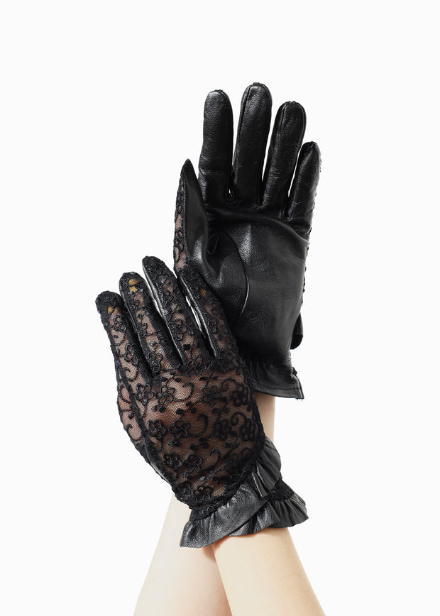 Lace Shirring Leather Gloves